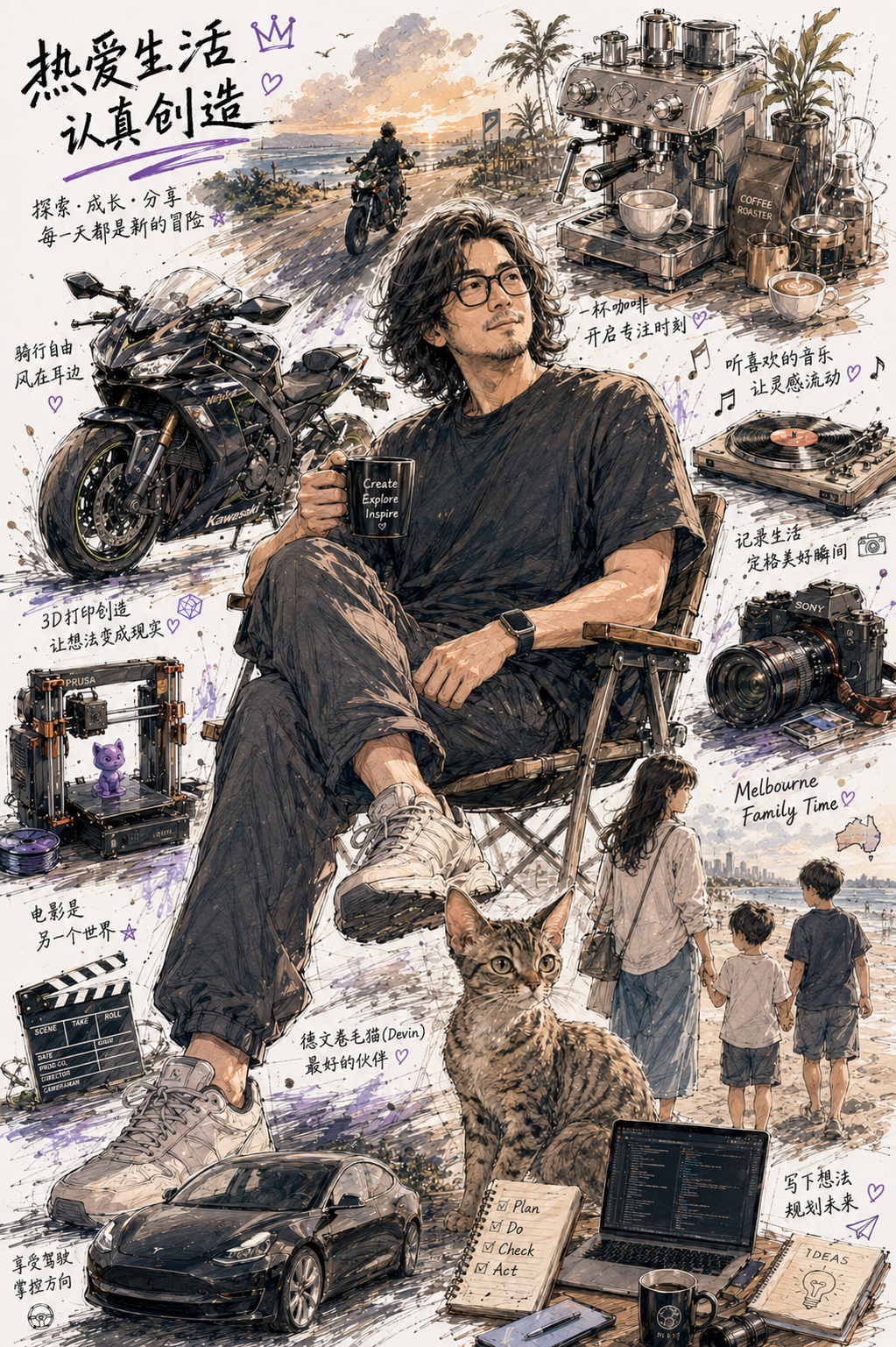 老曹热爱生活、认真创造的个人介绍插画